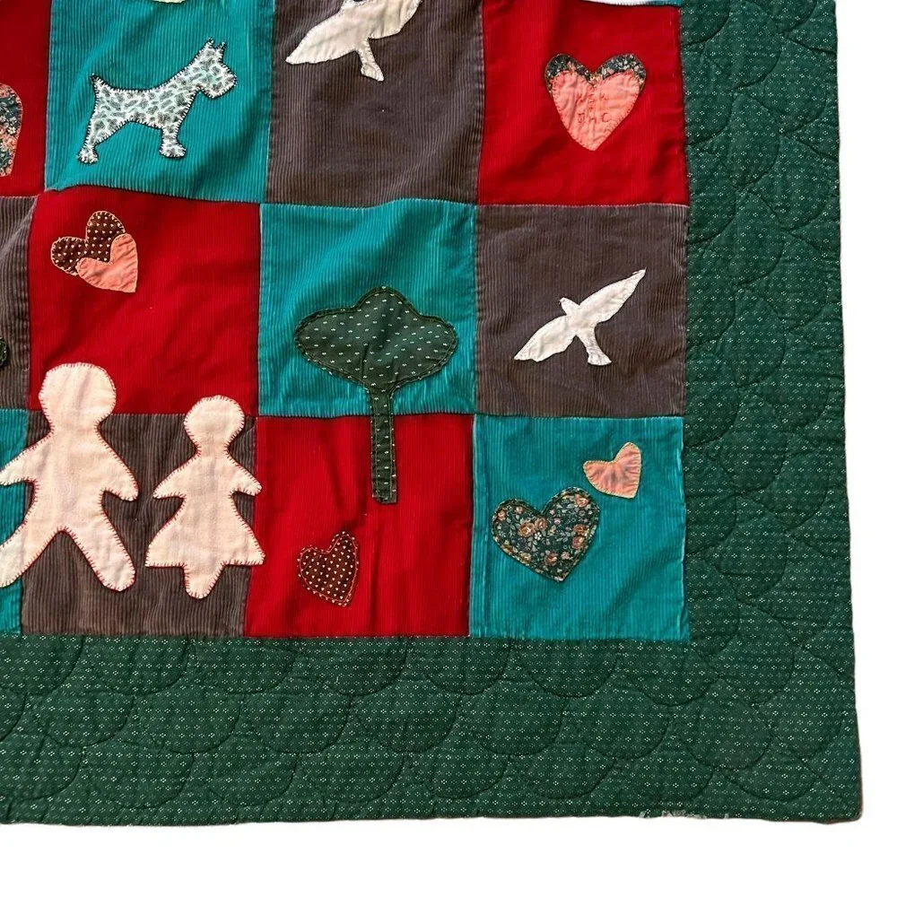 Handmade Quilt Throw Corduroy Home Family Dogs Birds Doves 66‎ x 51